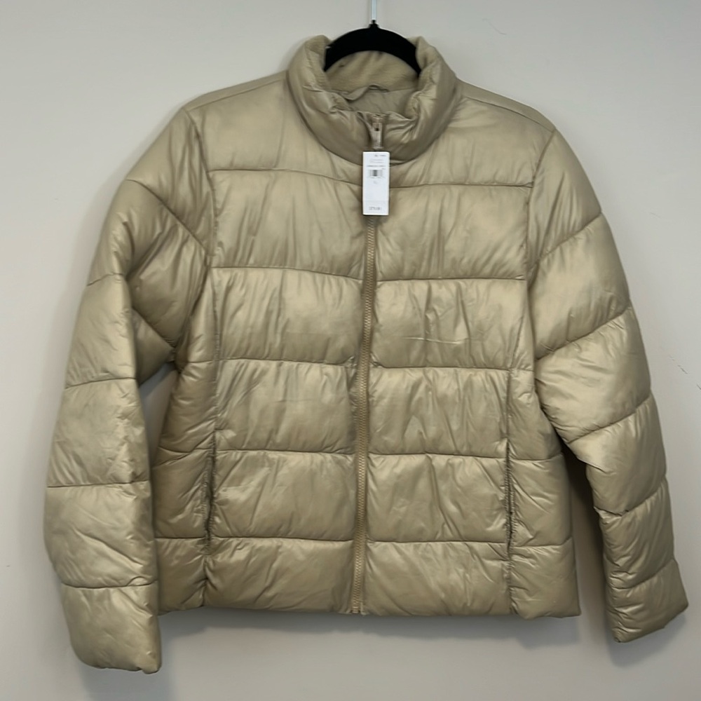 GAP Khaki Tan Lightweight Puffer Jacket Cold Control Pockets Full Zip Up Large